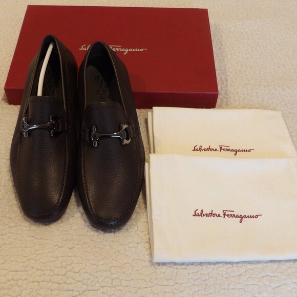 NEW IN BOX FERRAGAMO CANCUN Brown Calf Pebbled Leather Men Loafers. Size 6.5 EEE main image 14